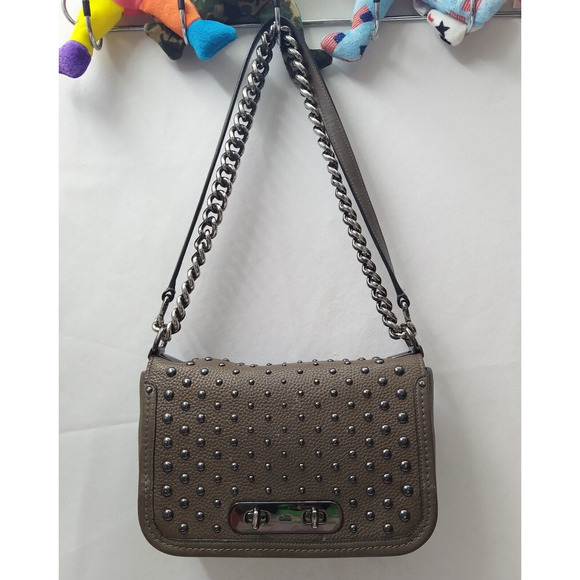 Coach Swagger Shoulder Bag In Brown Pebble Leather With Ombre Rivets Chain Strap - Picture 1 of 16